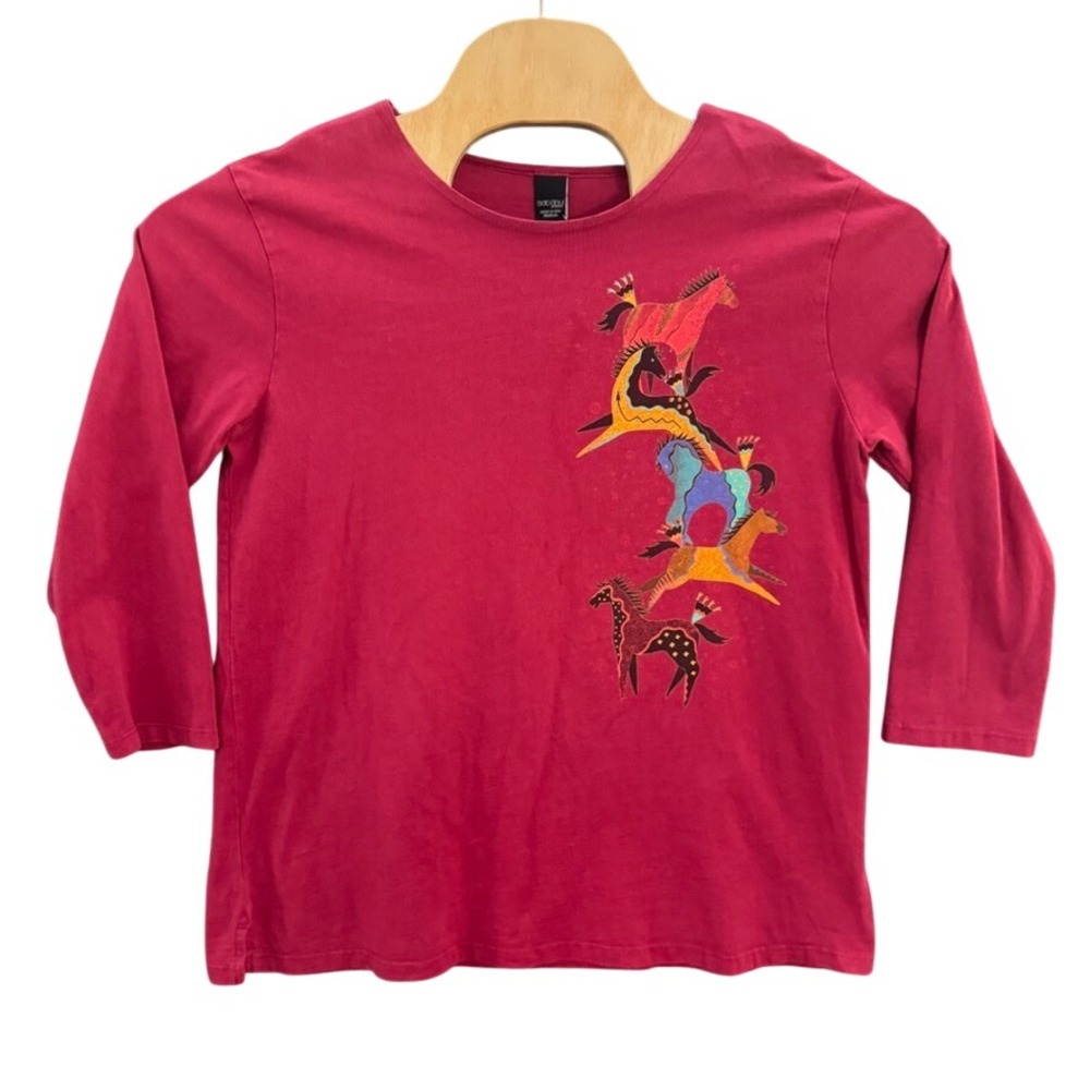 Sabaku Artwear Red Cotton Horse Graphic Long Sleeve Tee Shirt Womens Medium USA